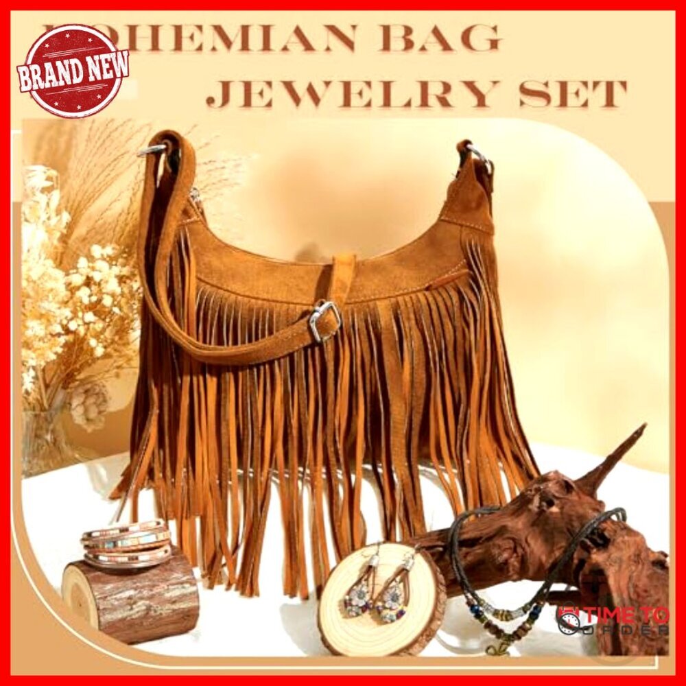 Boho Jewelry Set with Fringe Purse Leather Bracelets Layered Necklace Dangle - Picture 4 of 7